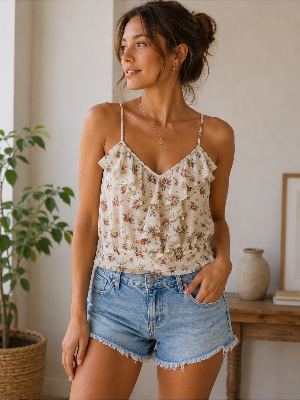 Guess Floral Ruffle Camisole in Cream and Red Size S Boho Cottagecore Festival